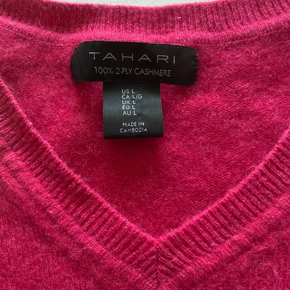 TAHARI Womens Pink V Neck 100% 2 Ply Cashmere Sweater Size L - Picture 3 of 5